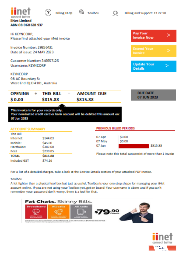 iiNet utility business bill,  SCR PSD template